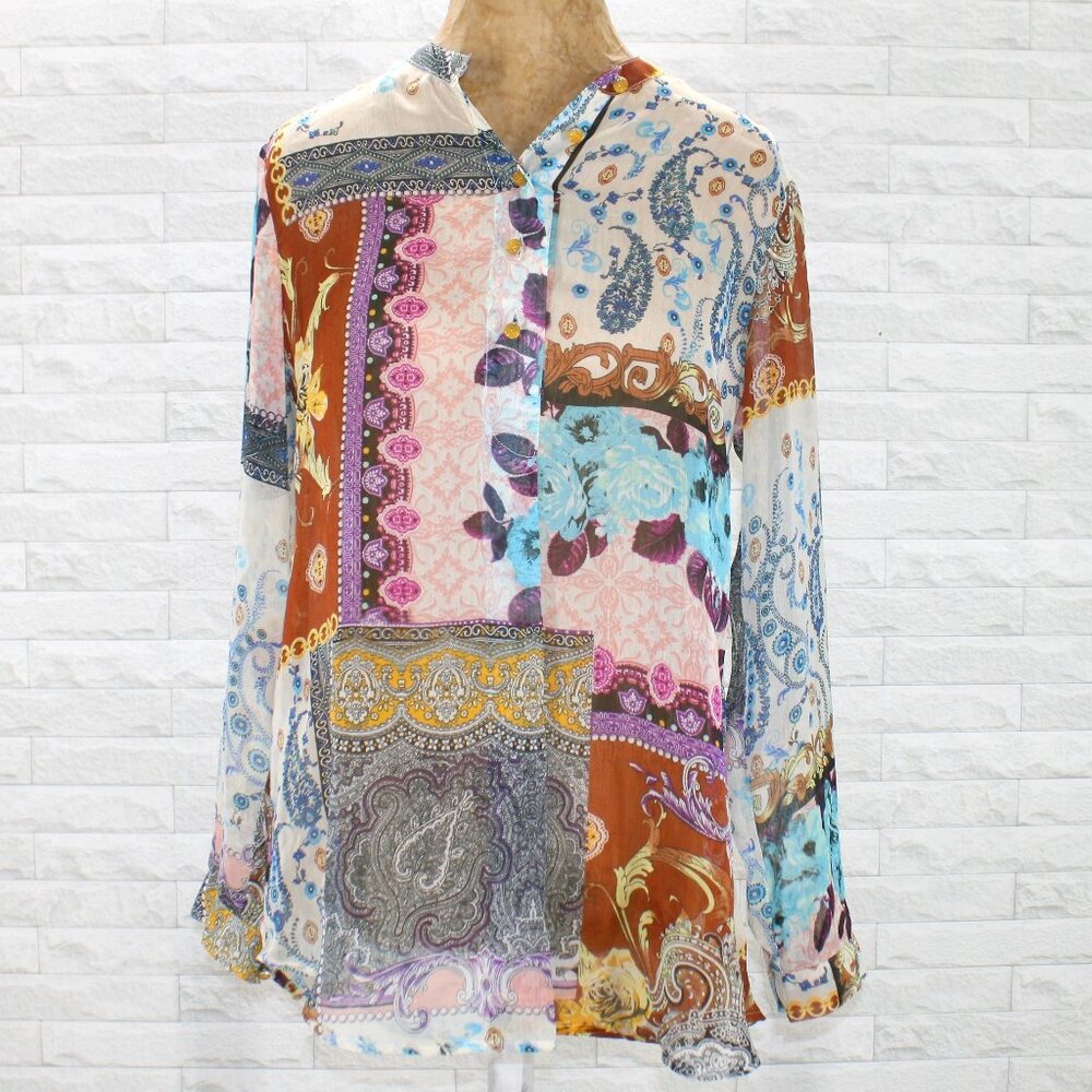 V CRISTINA Blouse Sheer Patchwork Boho Floral Paisley Colorful Lightweight Med